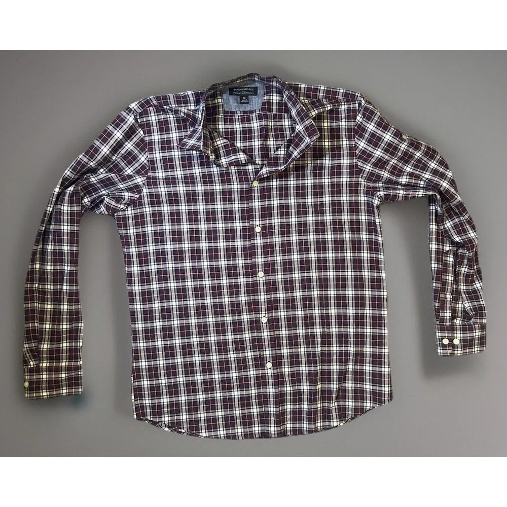 Banana Republic Maroon And Blue Plaid Stretch Standard Fit‎ Button Shirt Size M